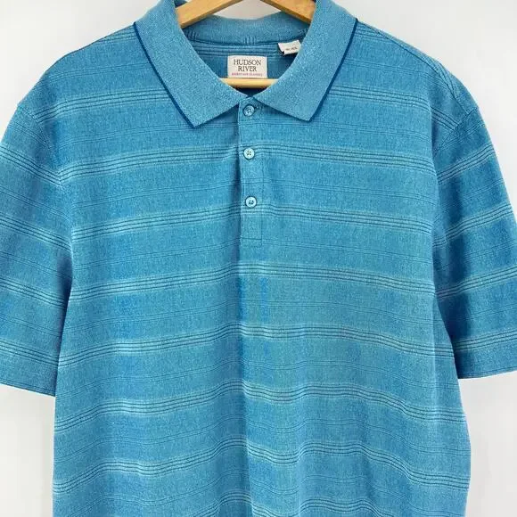 VTG 90s Hudson River XL Blue Striped Short Sleeve Polo Shirt Dadcore Tee - Picture 3 of 8